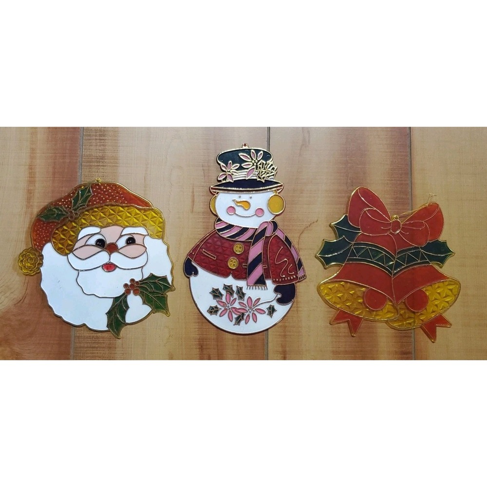 Vintage Christmas Suncatchers Lot of 3 Santa Snowman and Christmas Bells